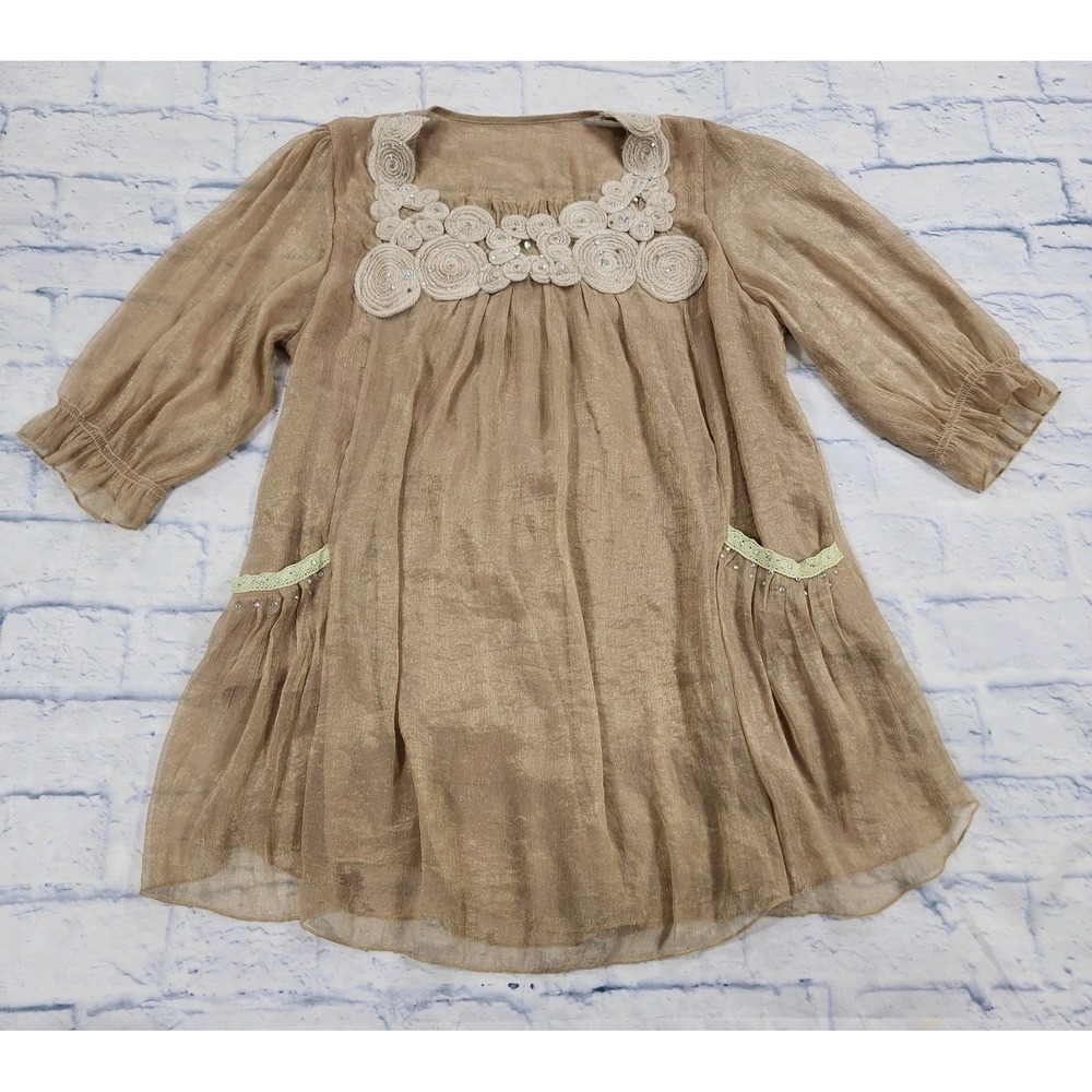 Pretty Angel Boho Blouse WOMENS SZ L Gold Sheer Festival Romantic Top